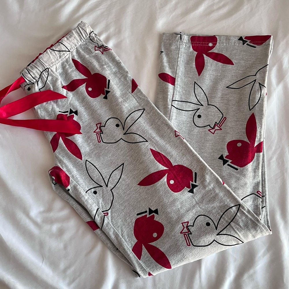 Playboy Lounge Pants Medium Gray Red Bunny Print Y2K Elastic Waist - Picture 6 of 6